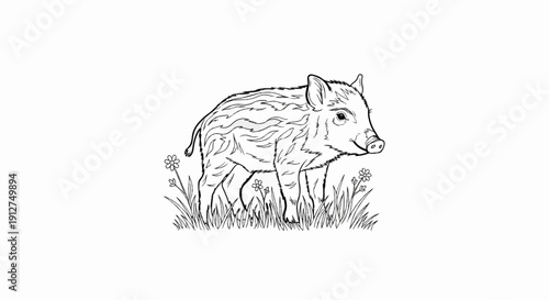 A sketch of a young wild piglet standing in tall grass with small flowers