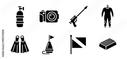 Diving Equipment Silhouette Icons Set