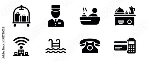 Hotel amenities and services black and white icons set