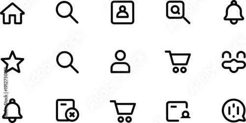 Outline UI icon set for web and mobile apps, minimal navigation and ecommerce symbols, clean interface design