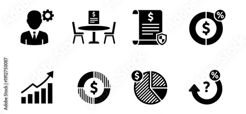 Business and finance black and white icons set