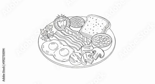 A sketch of a hearty breakfast plate with eggs, bacon, beans, toast, and mushrooms