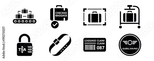 Air travel and luggage handling black icons set