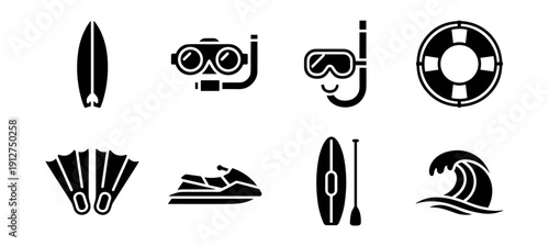 Water Sports and Activities Monochrome Icons Set