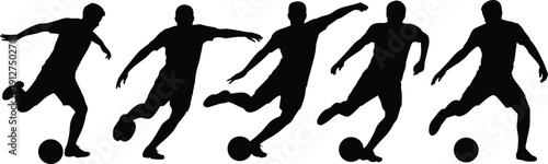 Soccer player silhouettes set with dribbling and kicking actions, football athlete poses with ball, black sport icons collection isolated on white background.