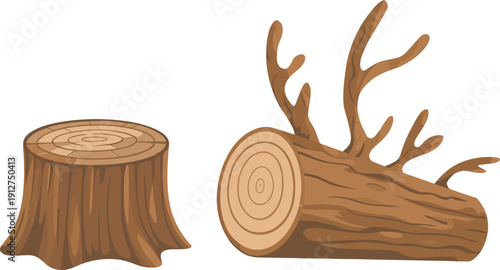 Cartoon tree stump and cut log with branches illustration, wooden timber forest element set for nature design, lumber concept isolated on white background.