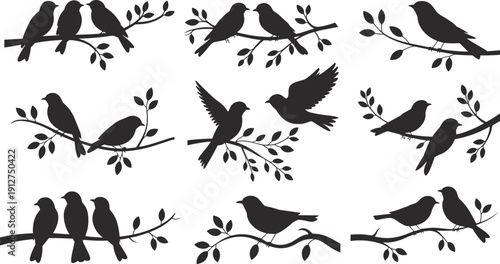 Collection of bird silhouettes on tree branches with leaves, flying and perched birds set, wildlife nature illustration design elements isolated on white background.