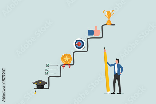 Career planning, developing career growth plans and opportunities, concepts of achieving business success, entrepreneur planning steps towards success in work and career on the ladder.