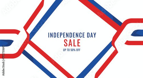 Vector banner with Independence Day Sale text and red, white, and blue geometric shapes on transparent background