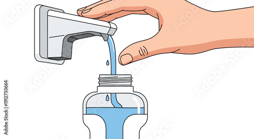 Hand Refilling Liquid Soap or Hand Sanitizer into a Reusable Dispenser Bottle from a Touchless Automatic Faucet: Hygiene and Eco-Friendly Refill Vector.