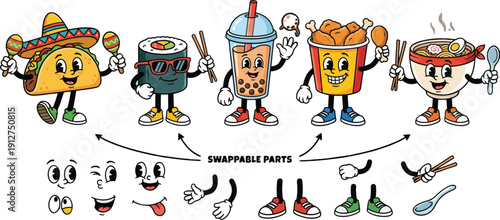 Cartoon Drinks Characters Wearing Hats.