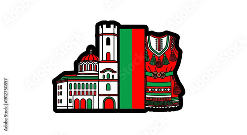 A map of portugal featuring famous landmarks and the national flag.