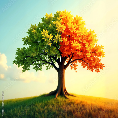 Conceptual 3D tree standing on a meadow with seasonal transition from green summer to golden autumn