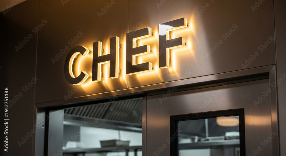 Fototapeta premium Modern kitchen with illuminated CHEF sign above stainless steel door