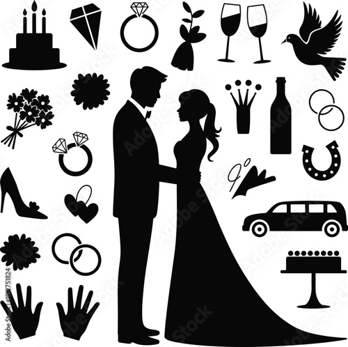 Wedding silhouette icon set with bride and groom, rings, flowers, cake, champagne, dove, limousine and romantic celebration symbols isolated on white background.