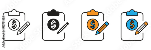 Financial Planning Icon Vector. Clipboard with dollar coin and pencil icon symbolizing financial reporting, budget planning, and accounting tasks.
