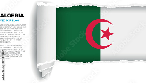 Flag of Algeria. Flag revealed through torn paper rolled up on a transparent background