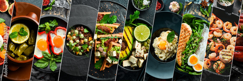 Varied food. Delicious lunch assortment. Meat, fish, vegetable dishes. Food collage.
