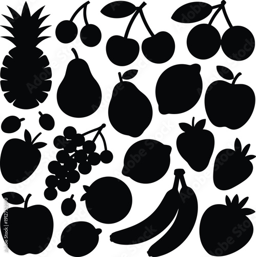Fruit silhouette set with apple, banana, pineapple, grapes, strawberry, cherry, pear and lemon, black healthy food icons collection isolated on white background.