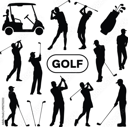 Golf silhouette icon set with golfers swinging clubs, golf bag and cart, black sport player poses collection for tournament design isolated on white background.
