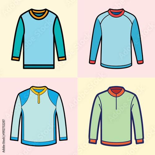 Collection of long sleeve shirts in various designs and colors flat design vector illustration