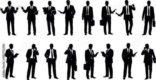 Professional Business Men Silhouettes Set Featuring Corporate Leaders in Suits Gesturing Talking on Phone Carrying Briefcases and Holding Clipboards