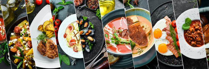 Food photo banner. Set of photos of dishes, salads, soups and hot snacks. Photo collage.