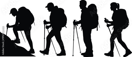 Hiking people silhouettes set with backpack and trekking poles, outdoor adventure travelers walking and climbing poses, black explorer icons isolated on white background.