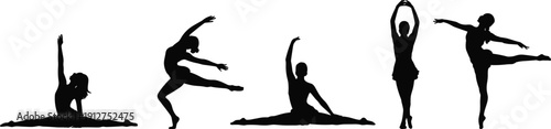 Set of ballerina dancer silhouettes performing ballet poses, graceful female dance movement collection, artistic gymnastics and choreography illustration isolated on white background.