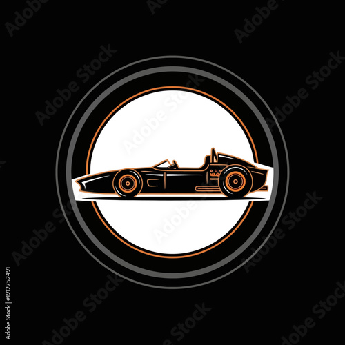 Minimalist vector emblem of a vintage formula racing car within a circular frame. Sleek black and orange design for automotive enthusiasts.
