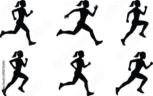 Woman running silhouette, female athlete sprinting set, jogging girl vector figures, black sport illustration isolated on white background.