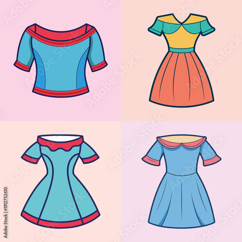 Collection of Women's Dresses and Tops in Flat Design Style vector illustration