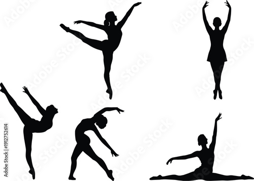 Set of ballerina silhouettes performing ballet dance poses, graceful female dancer collection for choreography, artistic movement and classical performance illustration isolated on white background.