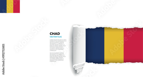 Flag of Chad. Flag revealed through torn paper rolled up on a transparent background