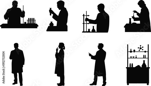 Set of scientist silhouettes working in laboratory with test tubes and chemical equipment, isolated on white background, research and medical experiment concept for science design.