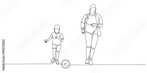 Continuous line of a father playing ball with his son