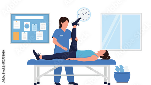 Professional female physiotherapist assisting a young woman with leg stretching exercises on a treatment table in a clinic.