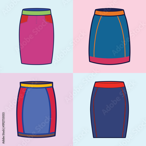 Pencil Skirt Vector Set with Flat Design and Colorful Details vector illustration