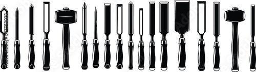 Wood chisels set, carving tools, woodworking instruments, mallet hammer, carpenter equipment, silhouette vector, isolated illustration collection design