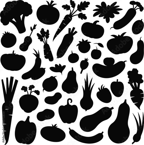 Vegetable silhouette set with fresh farm produce icons, black healthy food collection including tomato, carrot, pepper, broccoli, onion, pumpkin isolated on white background.