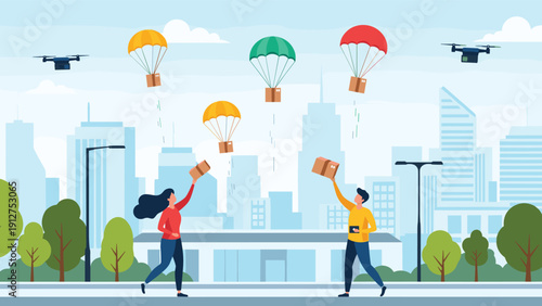 Futuristic concept of package delivery using autonomous drones and colorful parachutes dropping boxes over a busy urban city.