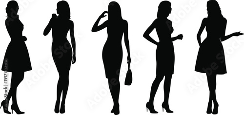 Stylish women silhouettes in elegant dresses and high heels, female fashion models posing, modern beauty concept, black vector illustration set isolated on white background.