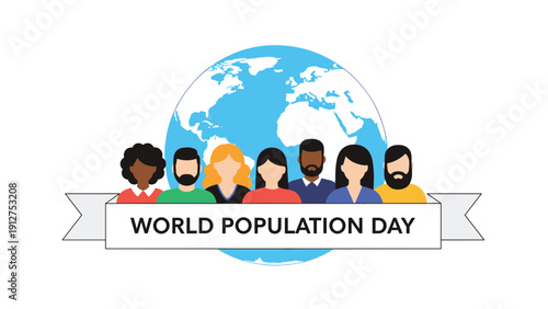 Diverse group of people standing together in front of a blue globe with a World Population Day banner on a white background.