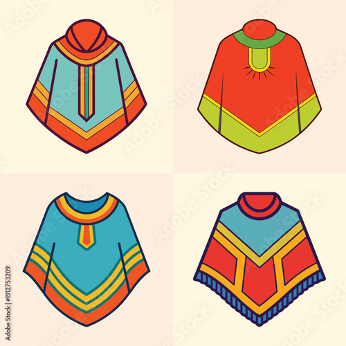 Colorful Poncho Designs Set, Traditional Clothing Vector Illustration