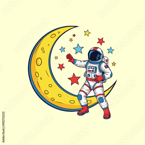 Colorful Pop Art Astronaut Floating in Space with Full Moon and Vibrant Stars