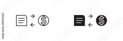 Document Currency Exchange Icon Vector. Document and dollar coin icons with bidirectional arrows representing financial transactions, invoicing, and monetary exchange.