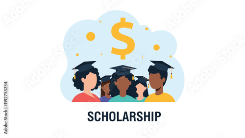 Group of diverse university graduates in caps and gowns standing together under a large golden dollar sign symbolizing scholarships.