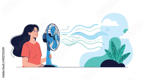 Young woman with long dark hair enjoying a refreshing cool breeze from an electric fan with nature elements in the background.