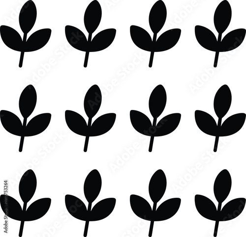 Seedling leaf silhouette set with simple sprout icons, black botanical plant symbols collection for eco, growth, agriculture design isolated on white background.