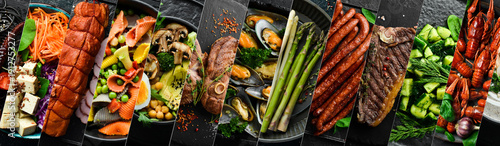Collage of many popular all over the world breakfasts, lunches and snacks. Collage of different assortment of food.